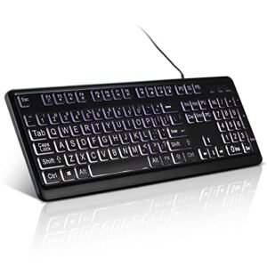 Large Print Backlit Keyboard, USB Wired Computer Keyboard, Full Size Keyboard with White Illuminated LED Compatible for Windows Desktop, Laptop, PC, Gaming, Black