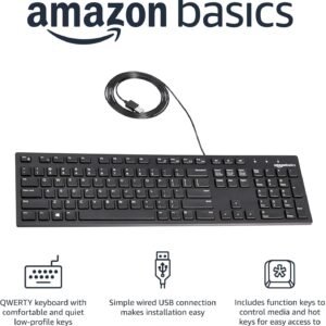 Amazon Basics Wired QWERTY Keyboard, Works with Windows, Plug and Play, Easy to Use with Media Control, Full-Sized, Black