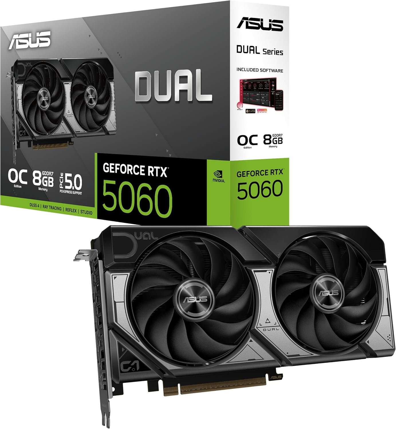 ASUS Dual GeForce RTX™ 5060 8GB GDDR7 OC Edition (PCIe 5.0, 8GB GDDR7, DLSS 4, HDMI 2.1b, DisplayPort 2.1b, 2.5-Slot Design, Axial-tech Fan Design, 0dB Technology)
