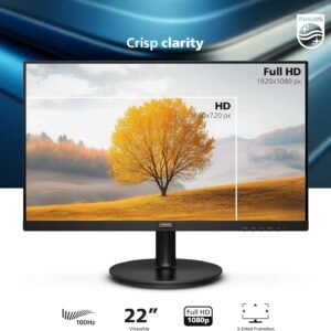 Philips 221V8LB 22 inch Class Thin Full HD (1920 x 1080) Monitor, 100Hz Refresh Rate, VESA, HDMI x1, VGA x1, LowBlue Mode, Adaptive Sync, 4 Year Advance Replacement Warranty